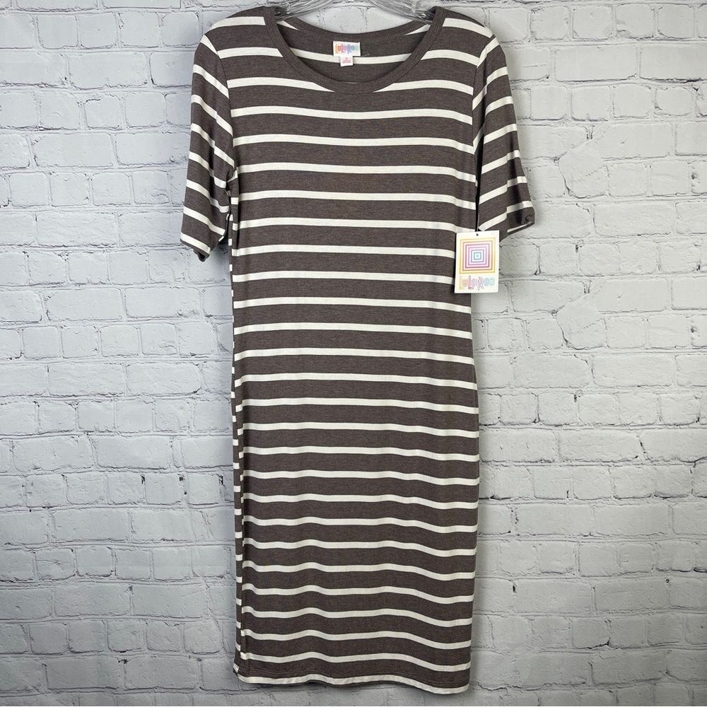 LULAROE Julia brown white striped short sleeve soft lightweight dress NEW size S - Picture 1 of 12